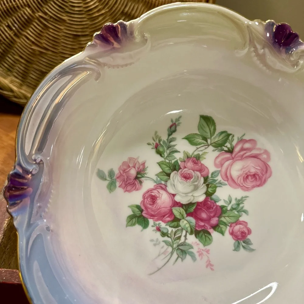 Vintage BRPHILA Germany Floral Serving Bowl Gold Trim Purple Rim Cottage China